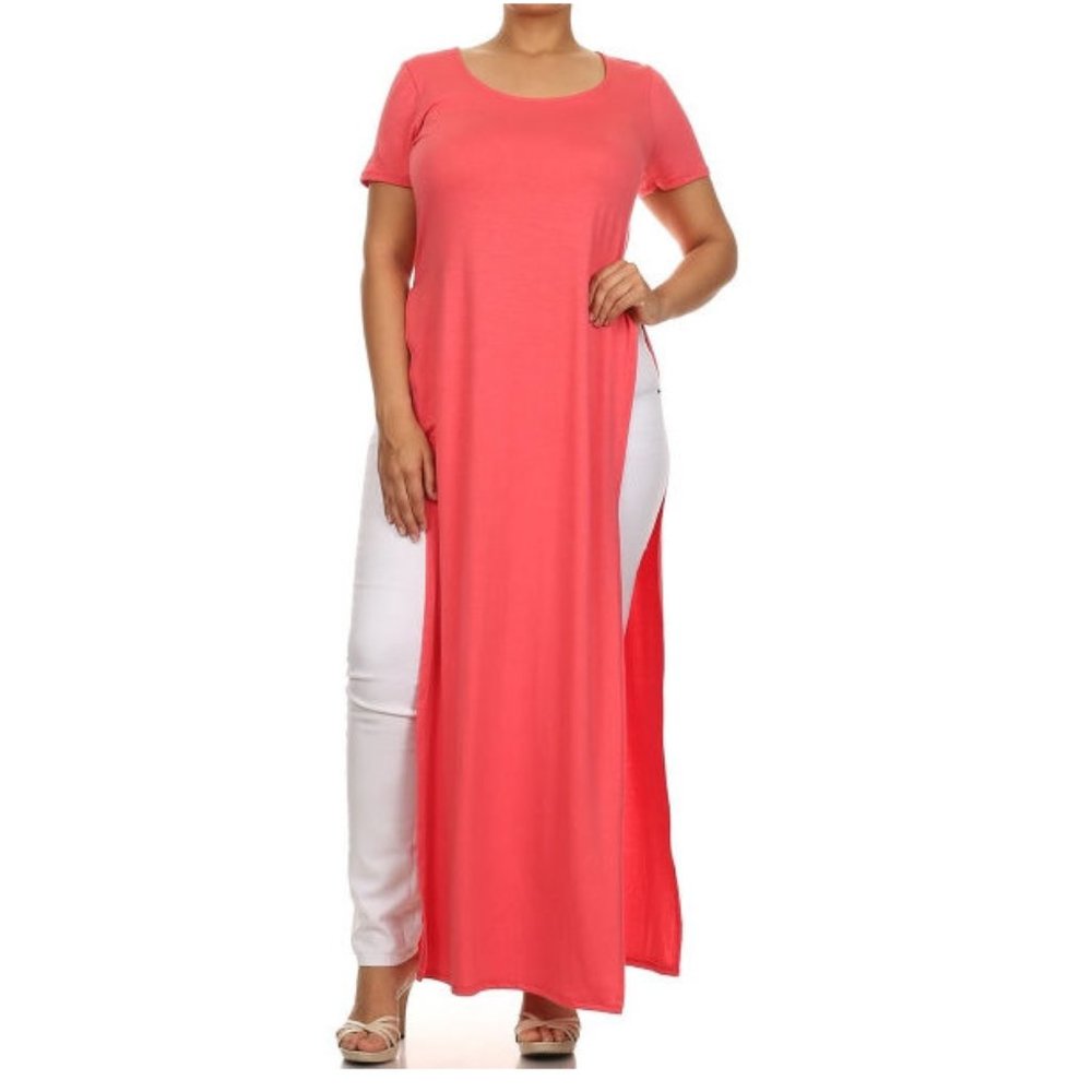 Plus Coral Side Slit Long Maxi T Shirt Tunic Top - Picture 2 of 5